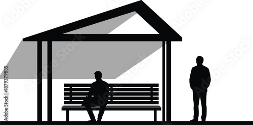 Black silhouette of a public bus stop shelter with people waiting on a bench for urban transport and city commute.