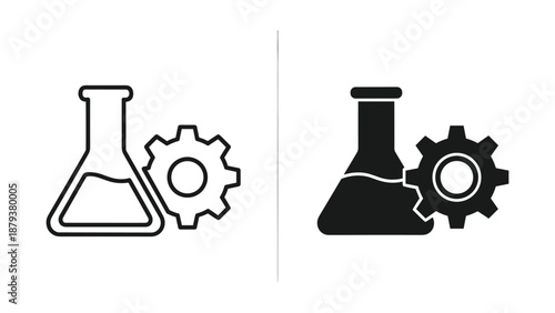 Laboratory flask and gear icon in two different styles