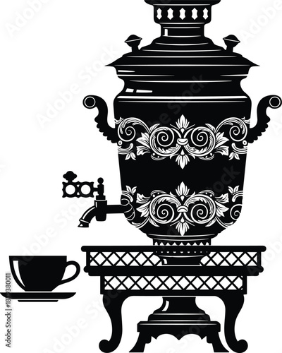 Black silhouette of traditional Russian samovar tea urn with tea cup on a decorative stand for vintage kitchen decor design.