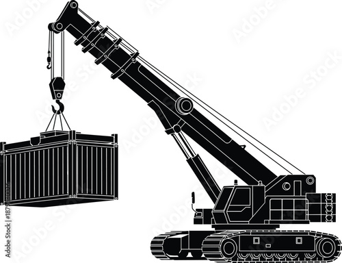 Black Silhouette Vector Illustration of a Heavy Duty Crawler Crane Lifting a Shipping Cargo Container Isolated on White Background for Logistics and Industrial Design.