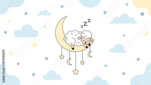 Cute and gentle nursery illustration of a fluffy sheep sleeping on a crescent moon with hanging stars against a soft, cloudy sky.