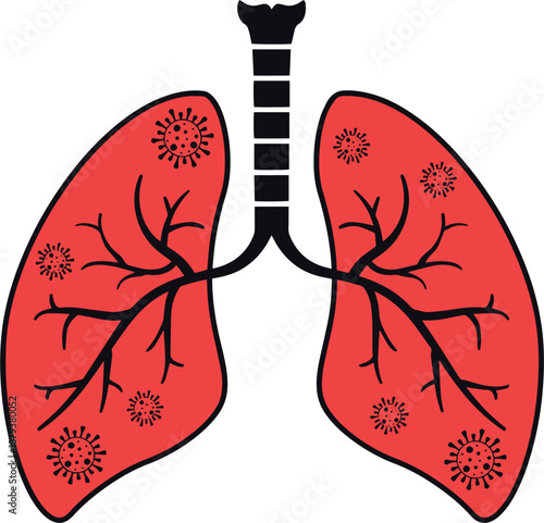 Illustration of human lungs with virus particles on transparent background