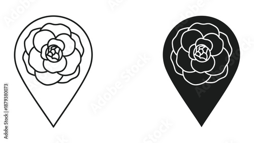 Black and white line art map pin with flower
