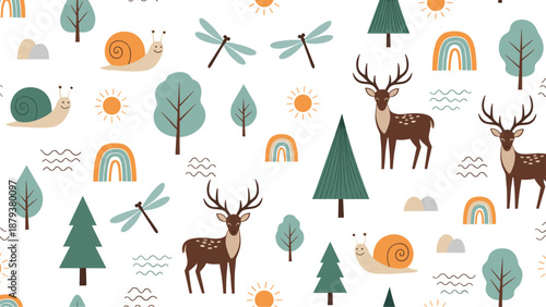 Adorable seamless nursery pattern with cute deer, snails, dragonflies, trees, and rainbows in a whimsical forest theme for children.