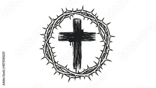 Black cross with crown of thorns illustration.