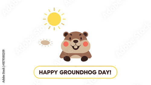 Happy Groundhog Day greeting with cartoon groundhog and sunshine.