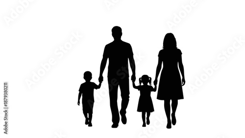 Silhouette of a happy family walking together outdoors.