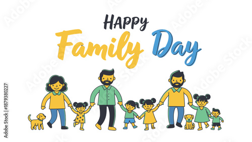 Happy Family Day celebration with cartoon family holding hands.