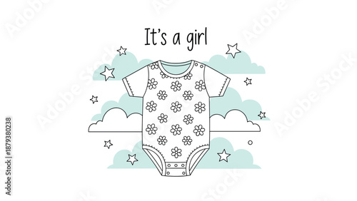 Sweet 'It's a girl' baby shower or birth announcement card with a line art floral onesie against a background of clouds and stars.