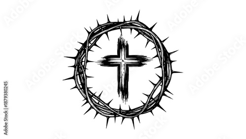 Black and white illustration of a cross surrounded by a crown of thorns.