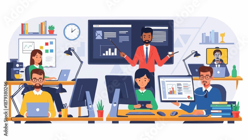 Diverse team collaborating in a modern office environment during a presentation.