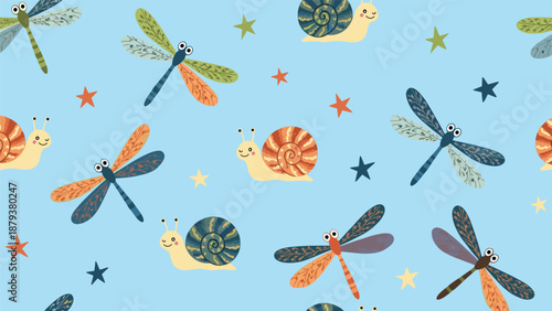 Cheerful seamless children's pattern with colorful cartoon snails, dragonflies, and stars on a bright blue background for kids' decor.