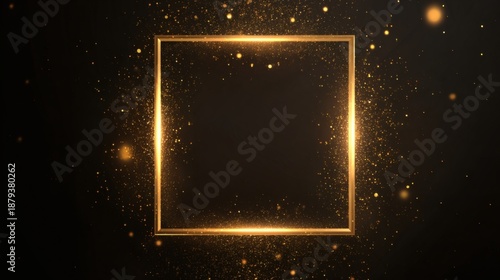 Elegant golden square frame with sparkling particles on dark background