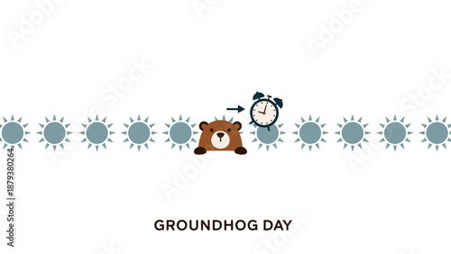 Groundhog Day illustration with cartoon groundhog and alarm clock.