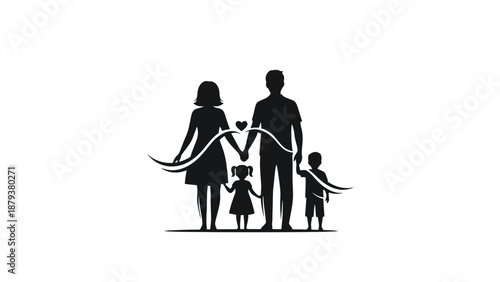Silhouette of a happy family with two parents and two children holding hands together.