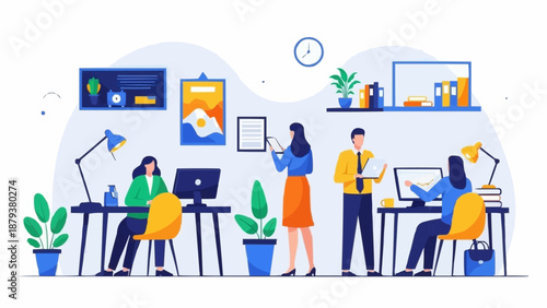 Diverse team collaborating in a modern office environment illustration.