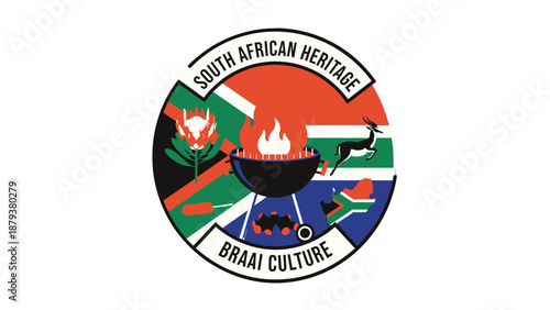 South African Heritage Braai Culture Emblem with National Flag Colors.