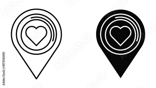 Map pin icon with heart symbol inside concentric circles