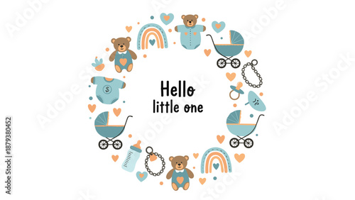 Adorable 'Hello little one' circular frame for a baby shower invitation, featuring cute illustrations of teddy bears and strollers.