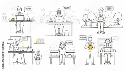 Diverse people working remotely and in office settings.