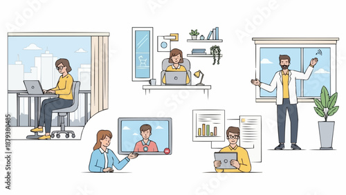 Diverse people working remotely using laptops and tablets in different home office settings.