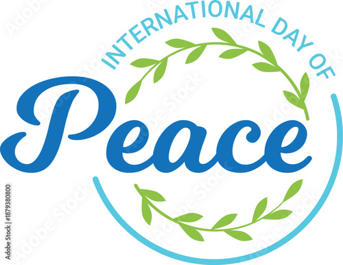International Day of Peace celebration with decorative text and green laurel wreath