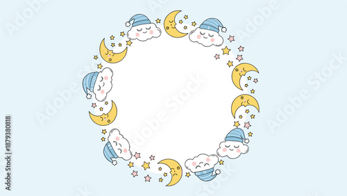 Sweet circular wreath or frame for nursery decor featuring cute sleeping cartoon clouds, crescent moons, and stars on a light blue background.