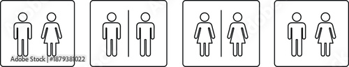 Outline gender neutral restroom signs featuring inclusive human figures for public bathroom signage and modern interface web design.