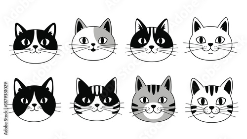 A collection of eight adorable cat faces in black and white, illustrating different breeds and coat patterns in a simple cartoon style.