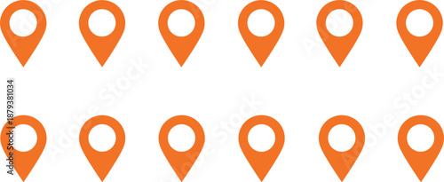 Orange map pin pointer icon set with solid location markers for navigation tracking gps travel applications and web interface