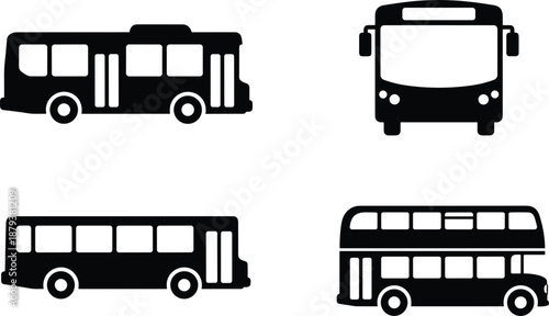 Public transport bus icon set with solid black silhouettes of city transit vehicles including side and front view.