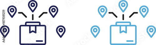 Package delivery tracking icon with shipping box and multiple map pins for logistics distribution and supply chain management