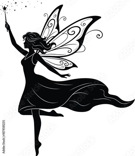 Black Vector Silhouette of a Beautiful Flying Fairy Godmother Holding a Magic Wand with Sparkles and Ornate Butterfly Wings for Fantasy Fairytale