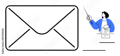 Oversized envelope beside person pointing at document. Ideal for email communication, messaging, correspondence, business, teaching, delivery, education. Simple flat metaphor