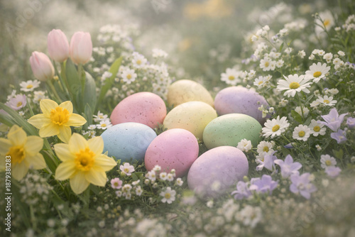 Pastel Easter eggs nestled among spring flowers in a soft, vibrant garden setting.