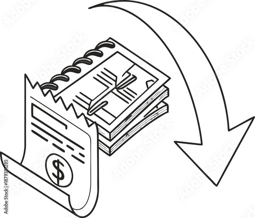 Invoice & Arrow: A visual depiction of a bill and downward arrow, possibly indicating a payment or financial transaction process.