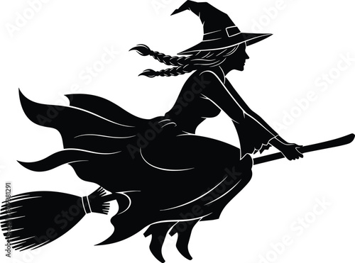 Black Vector Silhouette of a Flying Witch Riding a Broomstick Featuring a Pointed Hat and Long Braided Hair for Halloween Decoration and Spooky