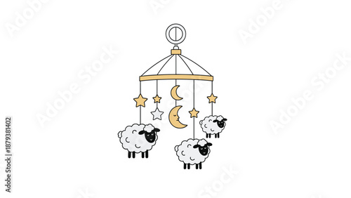 Simple and cute nursery illustration of a baby crib mobile with three fluffy sheep, crescent moons, and stars hanging from a hanger.