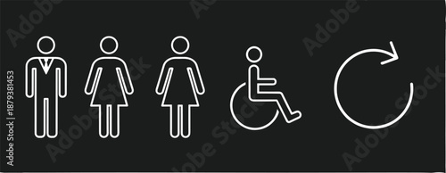 Restroom signage set with white outline icons for men women and disabled accessibility plus a circular refresh symbol.