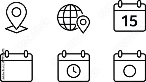 Scheduling and global logistics icon set with calendars map pins and world globe markers for international travel planning