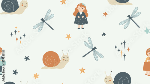 Sweet and whimsical seamless pattern for a child's room featuring cute little girls, snails, dragonflies, and sparkling stars.