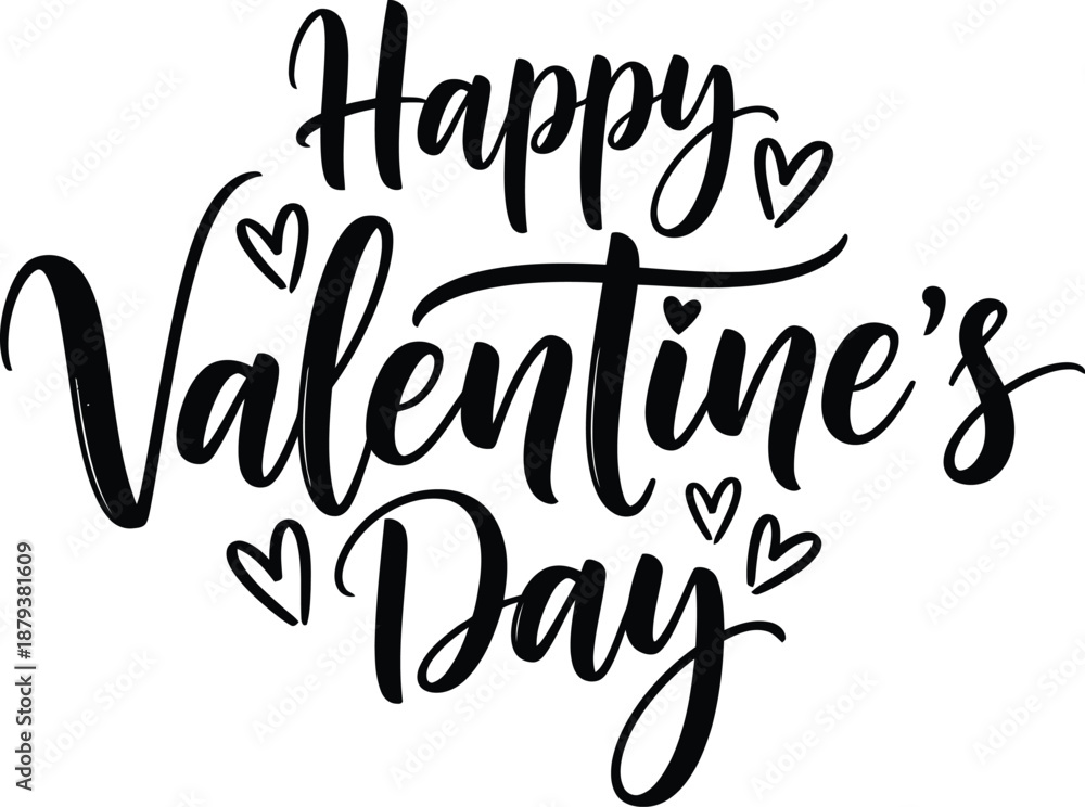 Obraz premium Black Happy Valentines Day Calligraphy with Black Hearts on White Background love