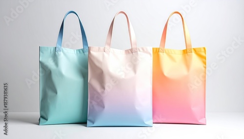 Three colorful tote bags with gradient shades against a light backdrop