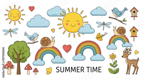A large and colorful collection of cute 'Summer Time' doodles featuring smiling suns, rainbows, animals, and plants for kids' designs.