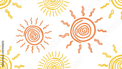 Funky and playful seamless summer pattern with hand-drawn suns in orange and yellow, featuring a wavy scribble line art style.