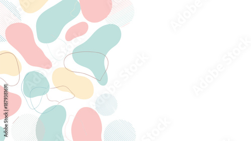 Modern abstract background design with a collection of pastel-colored organic fluid shapes, lines, and dots, with ample copy space.