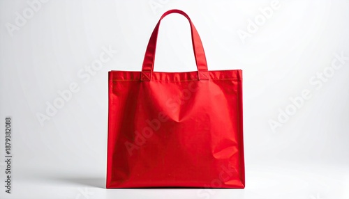 A vibrant, bright red tote bag with handles against a plain white backdrop