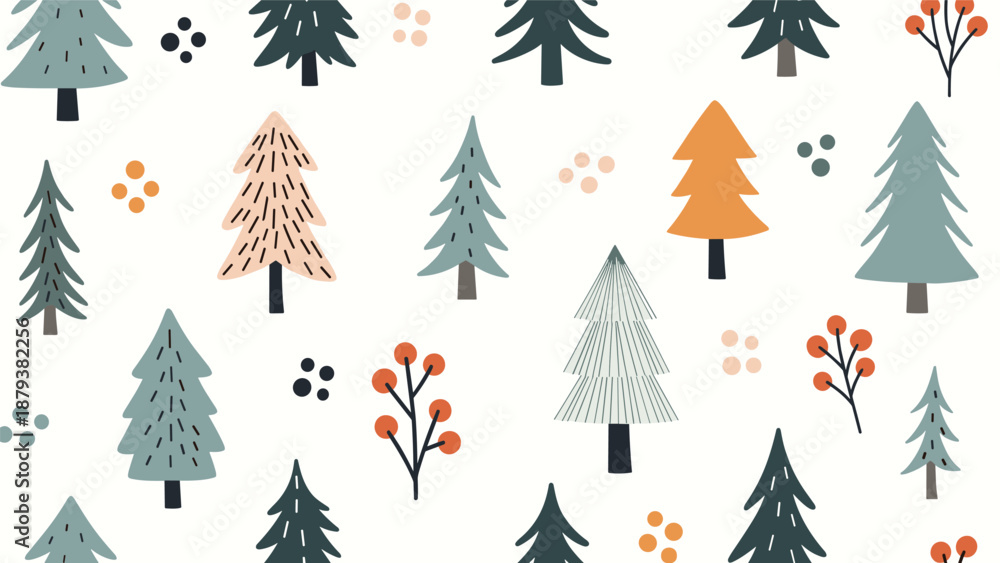 Obraz premium A modern and rustic seamless pattern of a winter forest with stylized Christmas trees and berry branches in a muted color palette.