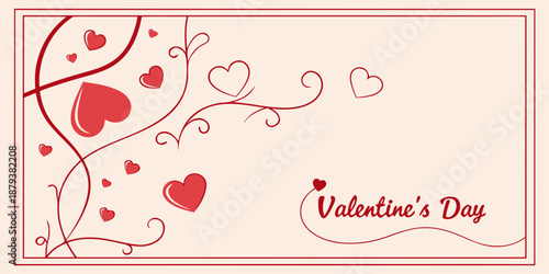 A festive Valentine's Day card with a light beige background, red border, and whimsical red and pink hearts swirling along the left side. The phrase "Valentine's Day" appears in elegant red cursive.