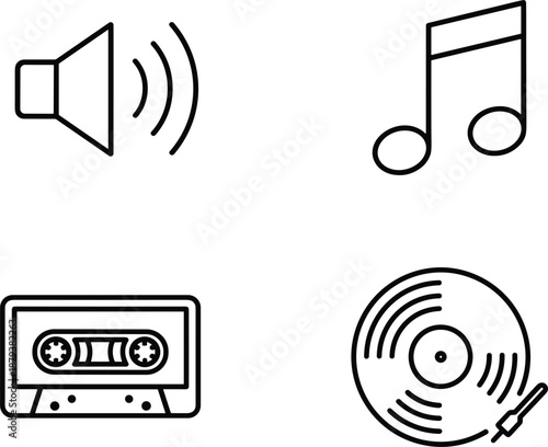 Music and retro audio set with vinyl record player cassette tape speaker icon and musical note for studio design.